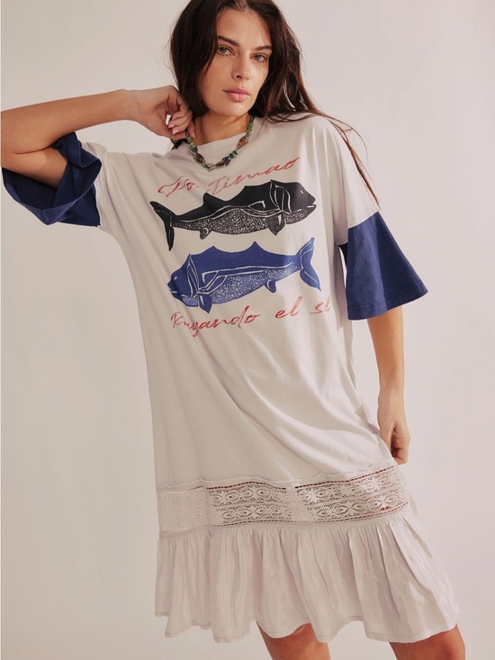 Free People Dresses & Skirts - Free People Toro Fish Graphic Tee Midi Dress White Navy Coastal Boho Beach Sz L